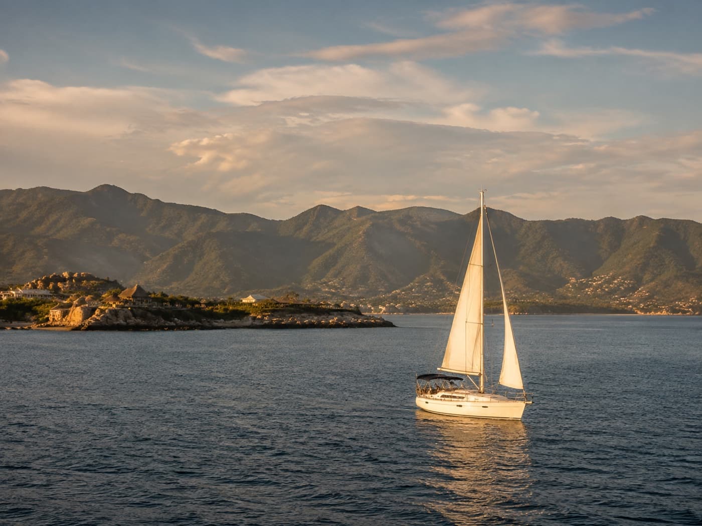 Velero sobre aguas tranquilas del Caribe cerca de Santa Marta