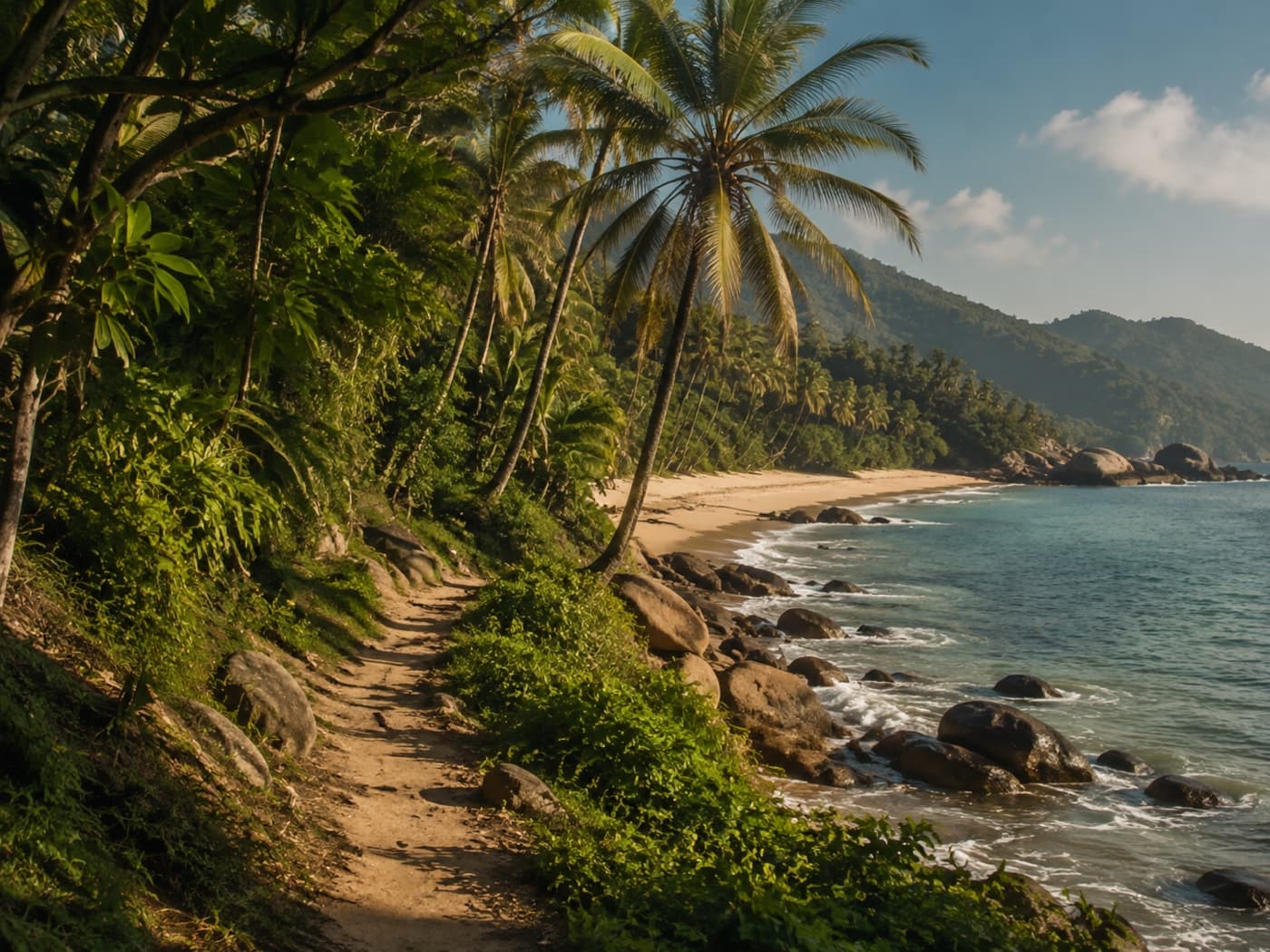Un sendero tropical junto a la costa Caribe en Tayrona